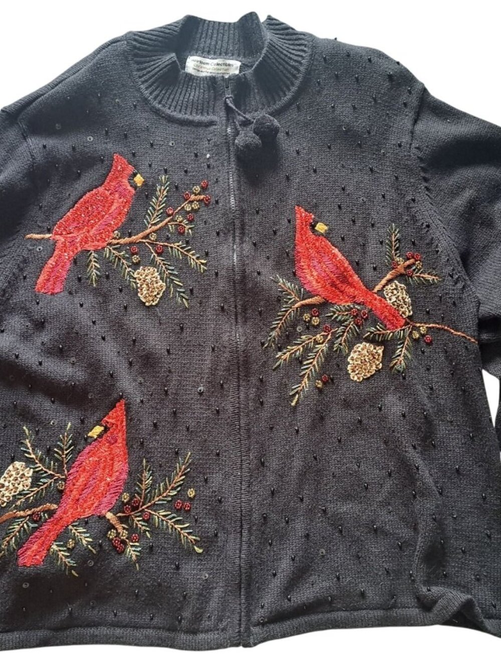 Heirloom Collectibles Cardinal Embroidered Beaded Holiday Sweater Womens 26 28
